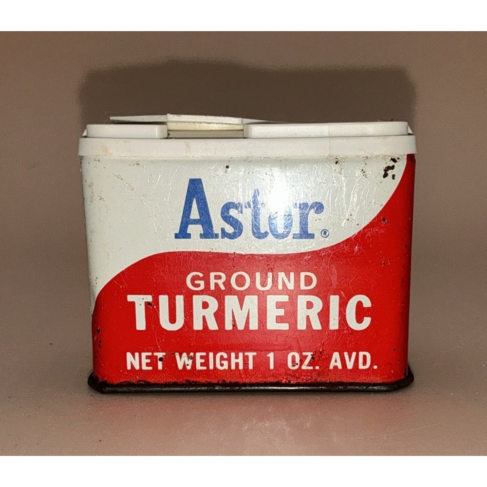 Vintage EMPTY Astor Spice Tin With Plastic Lid Ground Turmeric 1 oz